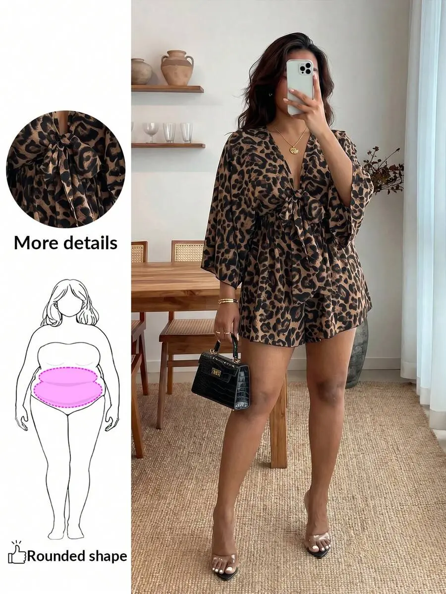 BERRYSHOP Plus Size Women's Elegant Leopard Print Jumpsuit For Commuting, For Apple And Rounded Body Shape