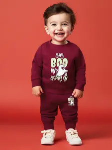 Newborn Baby Boy Halloween Costume Set, Long Sleeve Round Neck Sweatshirt & Pants, Cute Cartoon Print, All Seasons Casual Wear, Fitted Fit