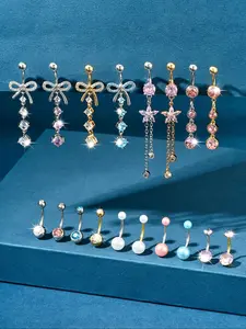 Women's Elegant Artificial Zircon Decor Belly Rings, Trendy Exquisite Belly Piercing Jewelry, Chic Body Maximalist Jewelry for Party Decor, Belly Button Rings, Body Piercings, Body Jewellery