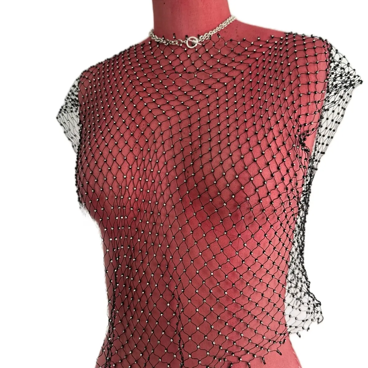 Women's Sexy Rhinestone See-Through Mesh Cover Up Sleeveless Fishnet Tank Top - Tube, Womenswear Lady Comfort
