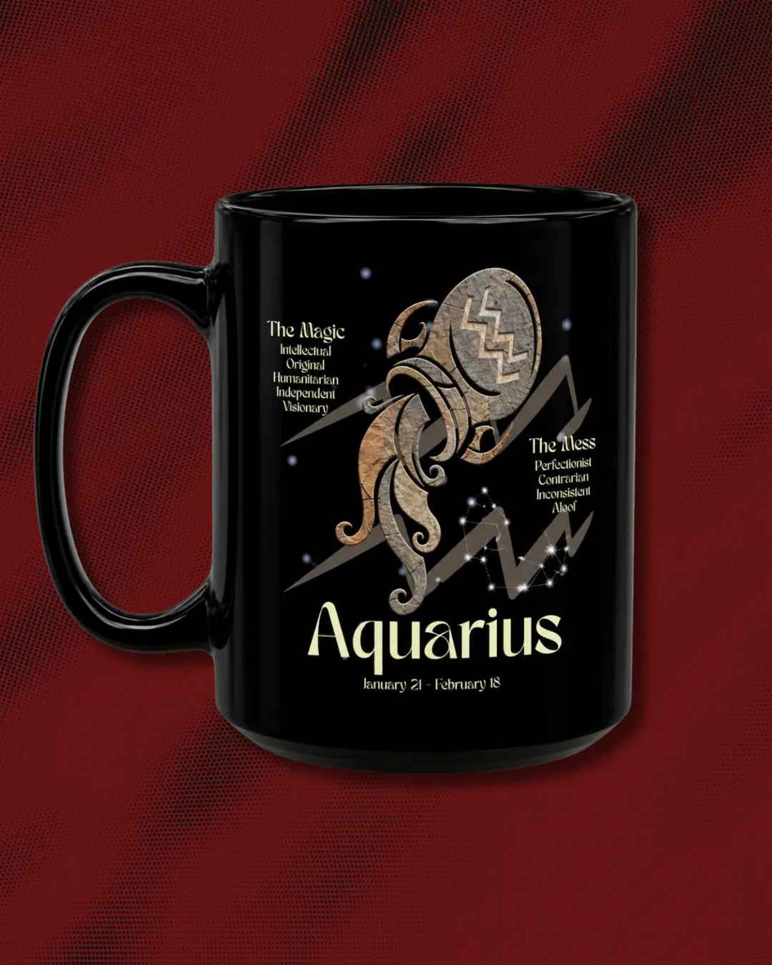 Aquarius Black Constellation Mug — Zodiac Society Coffee Cup (15oz)