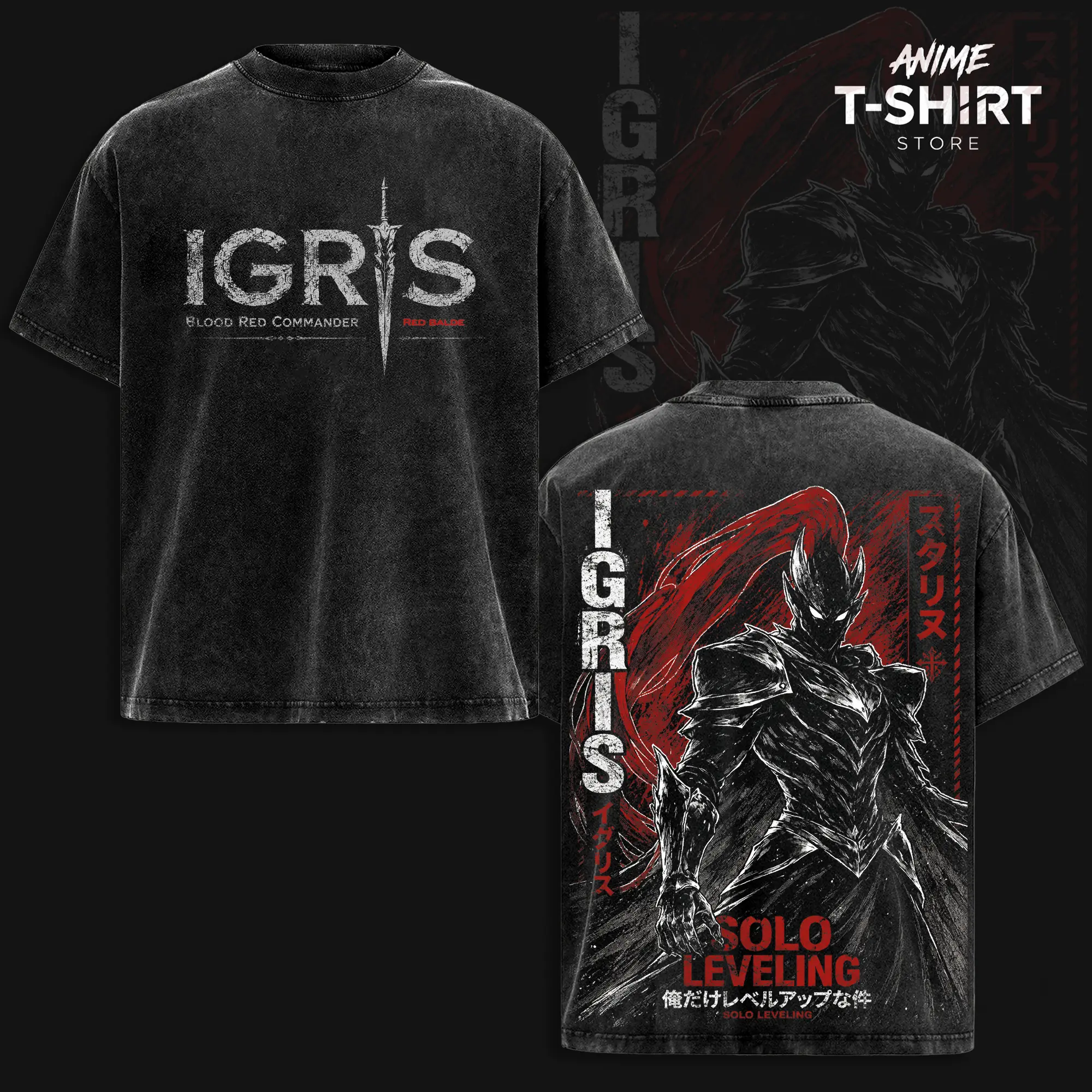 Igris Solo Leveling Arise Vintage Washed Anime T Shirt, Blood Red Commander Heavyweight Graphic Tee, Shadow Army Streetwear, Oversized Anime Shirt, Gift for Solo Leveling Fans