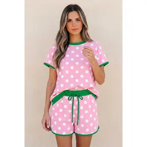 Pink Polka Dot Contrast Edge Casual Short Set