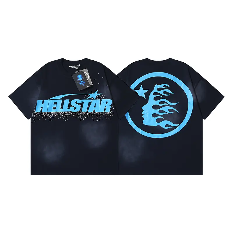 Hellstar Blue Shooting Star Graphic T-Shirt, Crystal Dot Chest Logo with Oversized Flame Profile Back Artwork, Washed Black Heavy Cotton Loose Tee for Men Women, Y2K Hip Hop Streetwear Fashion Accessories