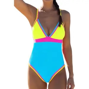 One Piece Swimsuit for Women Tummy Control Bathing Suit V Neck Slimming Neon Color Block Swimwear