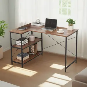 Caffoz JJS L-Shaped Home Office Corner Writing Computer Desk with Build-in Bookcase Wood Metal Modern Study Laptop Table Workstation with Storage Shelves for Small Space Antony Rustic Brown