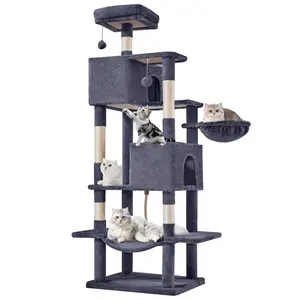 Sweetcrispy Cat Tree with Cat Condo and Big Hammock - 22.44"x13.78"x39.37"H, Faux Fur, Natural Sisal Posts, Hanging Ball, Removable Hammock