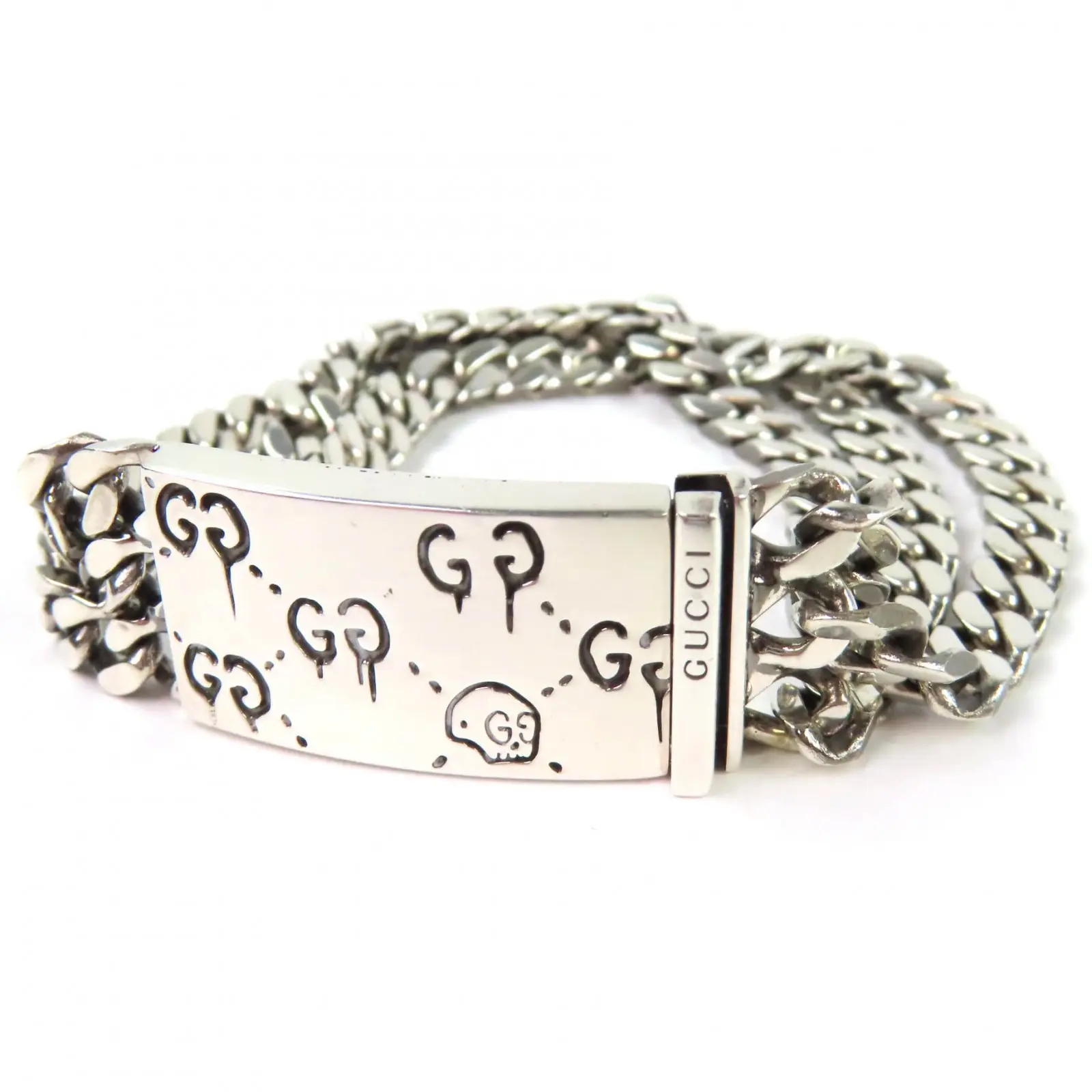 Pre-owned GUCCI Sterling Silver 925 (Ag925) Small Leather Goods Ghost Skull GGPattern SV925 Bracelet