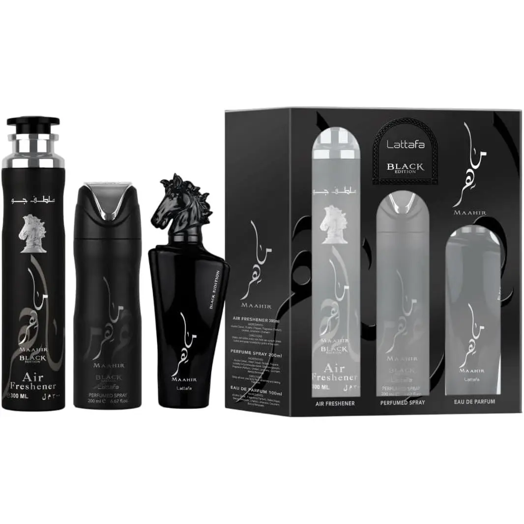 Maahir Black Edition For Unisex 3 Piece Gift Set (3.4 Fl Oz EDP + 6.67 Fl Oz Deo + 10.14 Fl Oz Air Freshener)