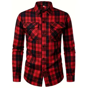 Classic Red & Black Plaid Men's Long Sleeve Button-Up Shirt with Chest Pocket - 100% Polyester, Non-Stretch, Ideal for Spring/Fall Casual Outdoor Wear