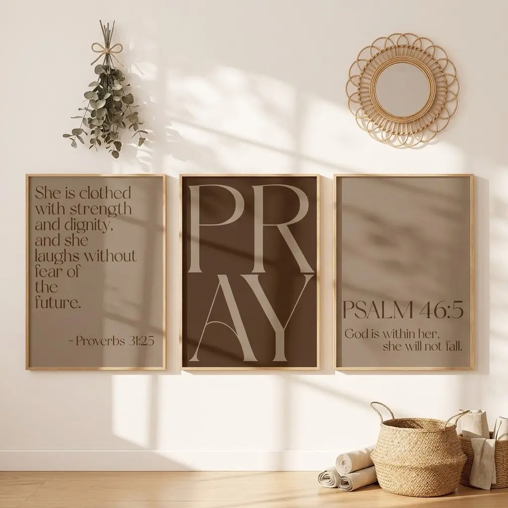3-Piece Brown Christian No-Frame Wall Art Prints, Bible Verse Bundle, Minimalist Scripture Posters, Modern Religious Decor for Girls