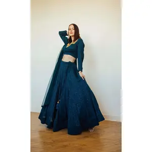 Teal Blue and Gold Full Sleeve Lehenga Choli Set