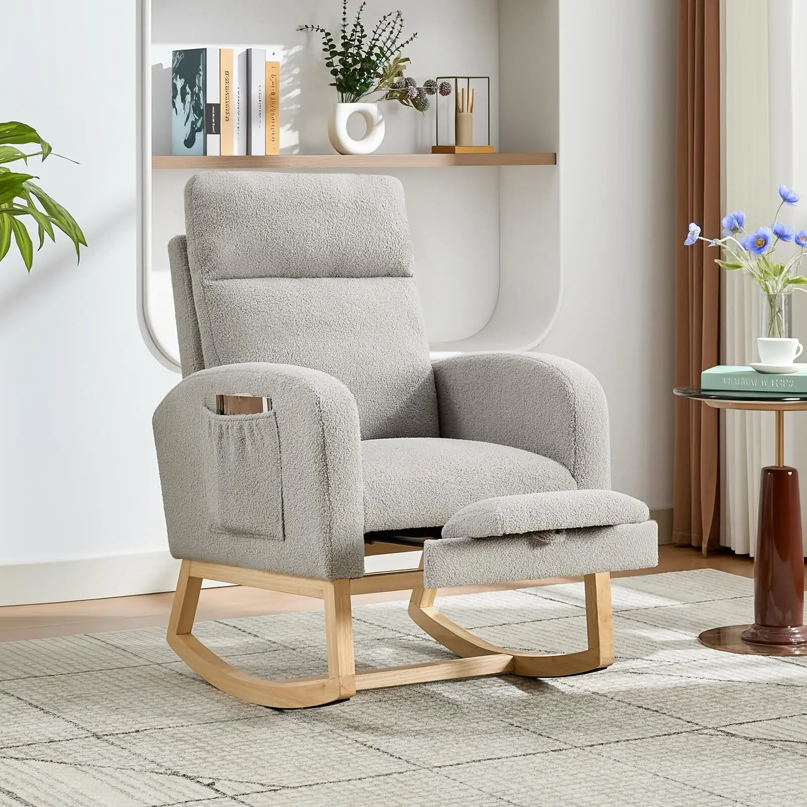 GARVEE Modern Nursery Rocking Chair, Teddy Upholstered Rocking Chair with Footrest, Rocker Glider for Living Room, Bedroom, Nursing Room，Grey