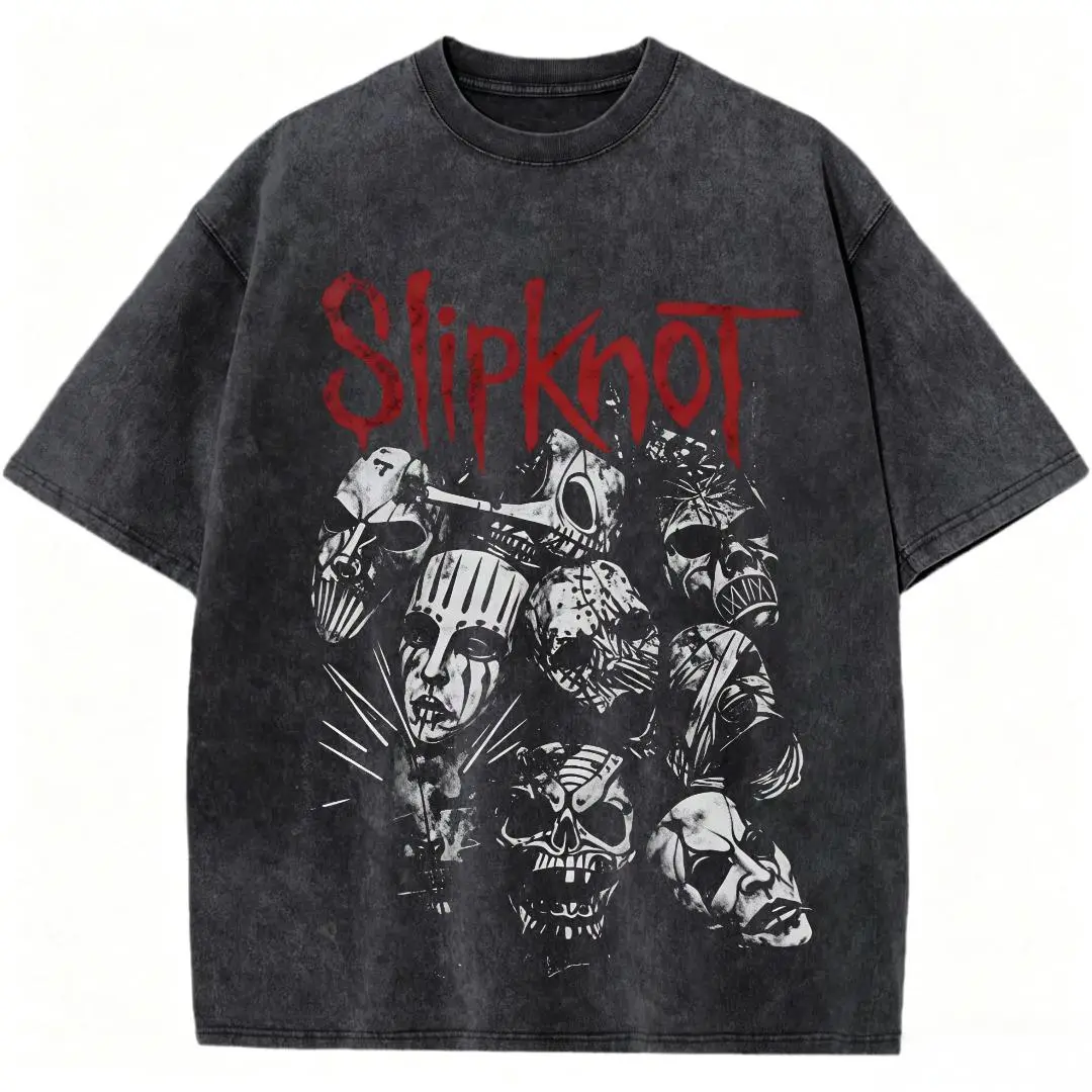 Women's Slipknot Band Mask Print Crew Neck Seamless Short Sleeve T-Shirt - Unisex Vintage Washed Fabric Clothes, Metal Rock Streetwear, Ideal for Day Wear & Outdoor Activities