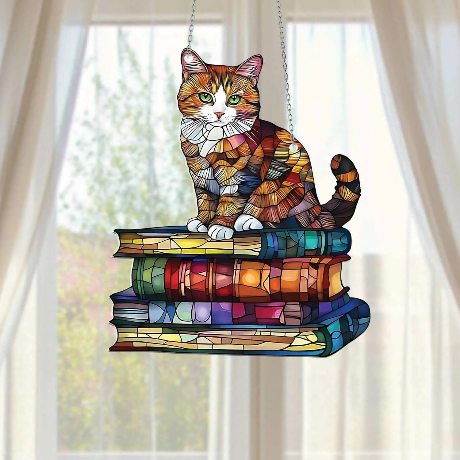 Cat Book On The Moon Suncatcher Window Hanging, Book Window Decor, girl Book Lover Gift, Book Ornament, Indoor Decor Ornament,Librarian Gift