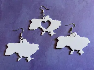 Custom Ukraine Earrings with Heart: Laser Cut Acrylic, Travel, Patriotic, Support Ukraine, Geography Teacher Gift, Gifts for Her/Him/Them