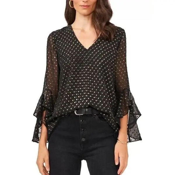 VINCE CAMUTO Clip-Dot Bell-Sleeve Top XS Shirts Womenswear