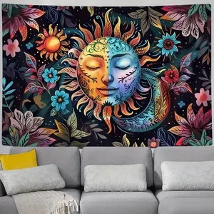 Sun Moon Tapestry Boho Floral Backdrop Hippie Theme Wall Hanging Photography Background Aesthetic Decor for Living Room Bedroom Indoor Outdoor Home Decoration