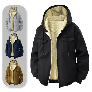 Men's hooded fleece-lined cardigan jacket, casual workwear style men's clothing, thick warm lambswool lining, multiple pocket design practical and stylish, suitable for autumn, winter, and everyday commuting, outdoor activities, shopping, and parties.