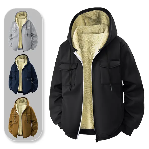 Men's hooded fleece-lined cardigan jacket, casual workwear style men's clothing, thick warm lambswool lining, multiple pocket design practical and stylish, suitable for autumn, winter, and everyday commuting, outdoor activities, shopping, and parties. Lon