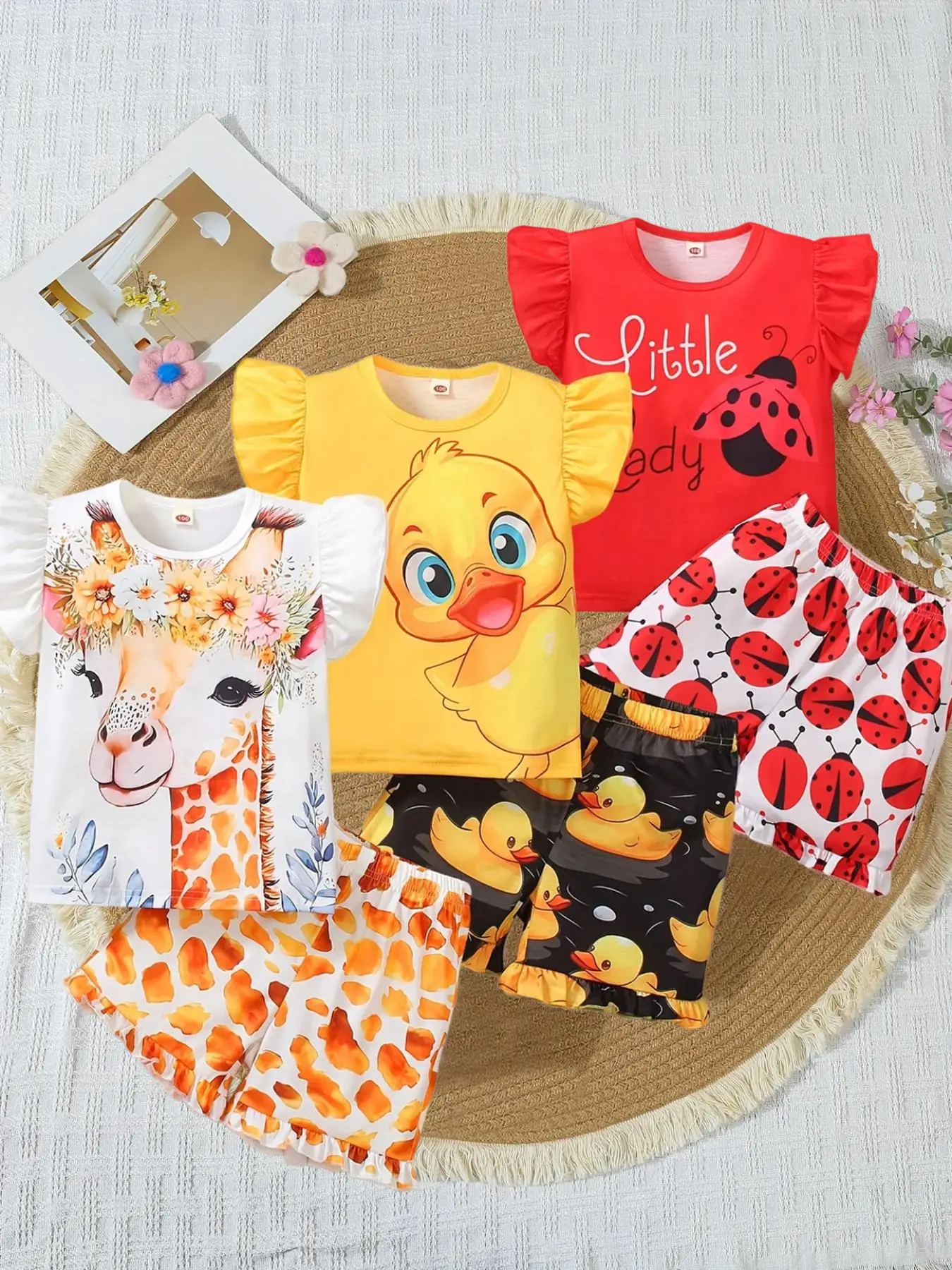 Summer Girls Colorful Cartoon Animal Print Ruffle Short Sleeve 3 Piece Set, Casual Fitted for Kids, Summer Clothing Set