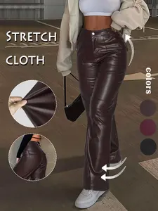 GILIPUR Y2K Solid Color High-Waisted Straight-Leg Leather Pants, Flared leg trousers - Slim & Stylish, Casual High-Waisted Trousers, Perfect for Daily & Outdoor Wear, Women's All-Season Bottoms, Zipper, Button, Fit