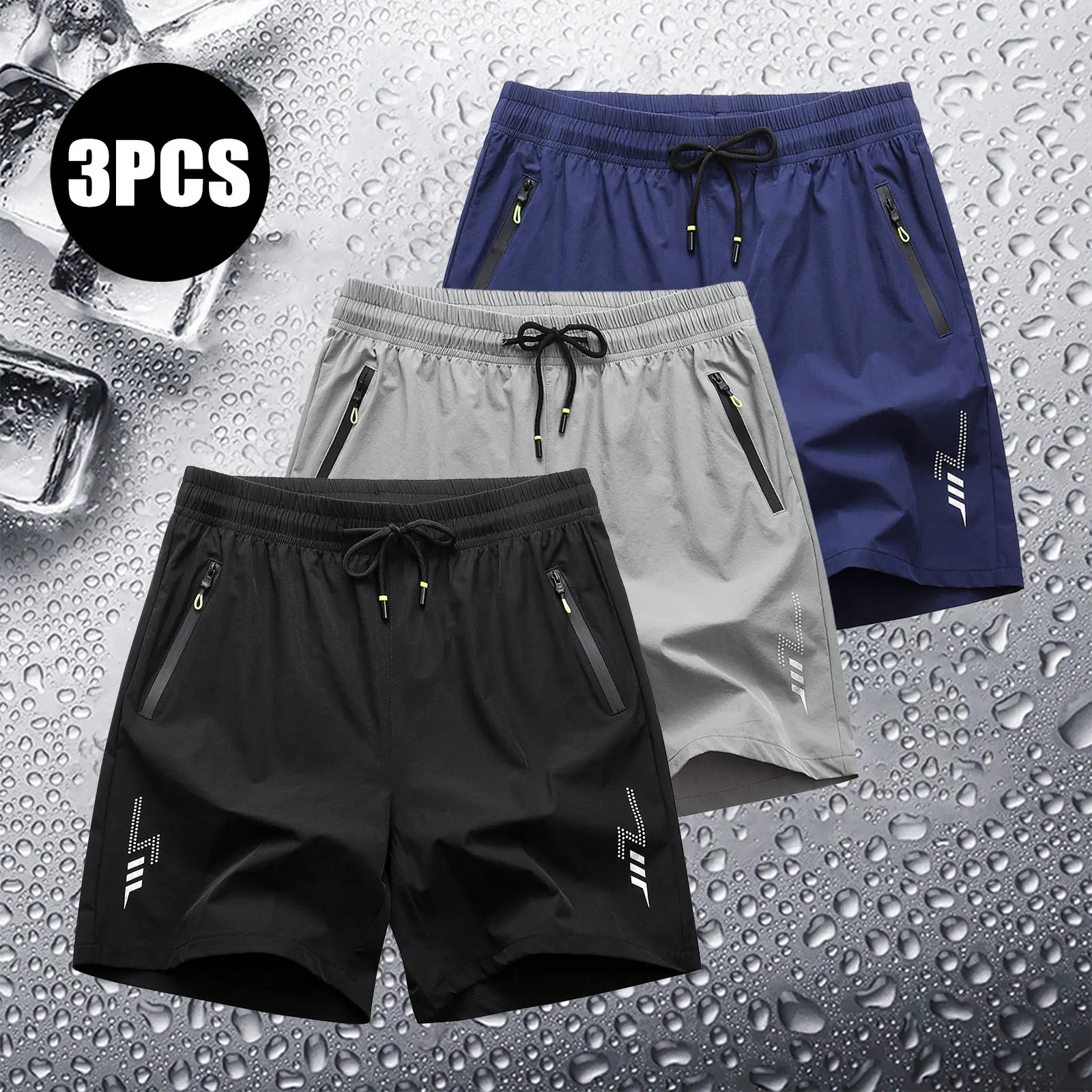 Men's sports shorts, summer ice silk breathable quick drying, morning run, running exercise, fitness three quarter pants practical pocket