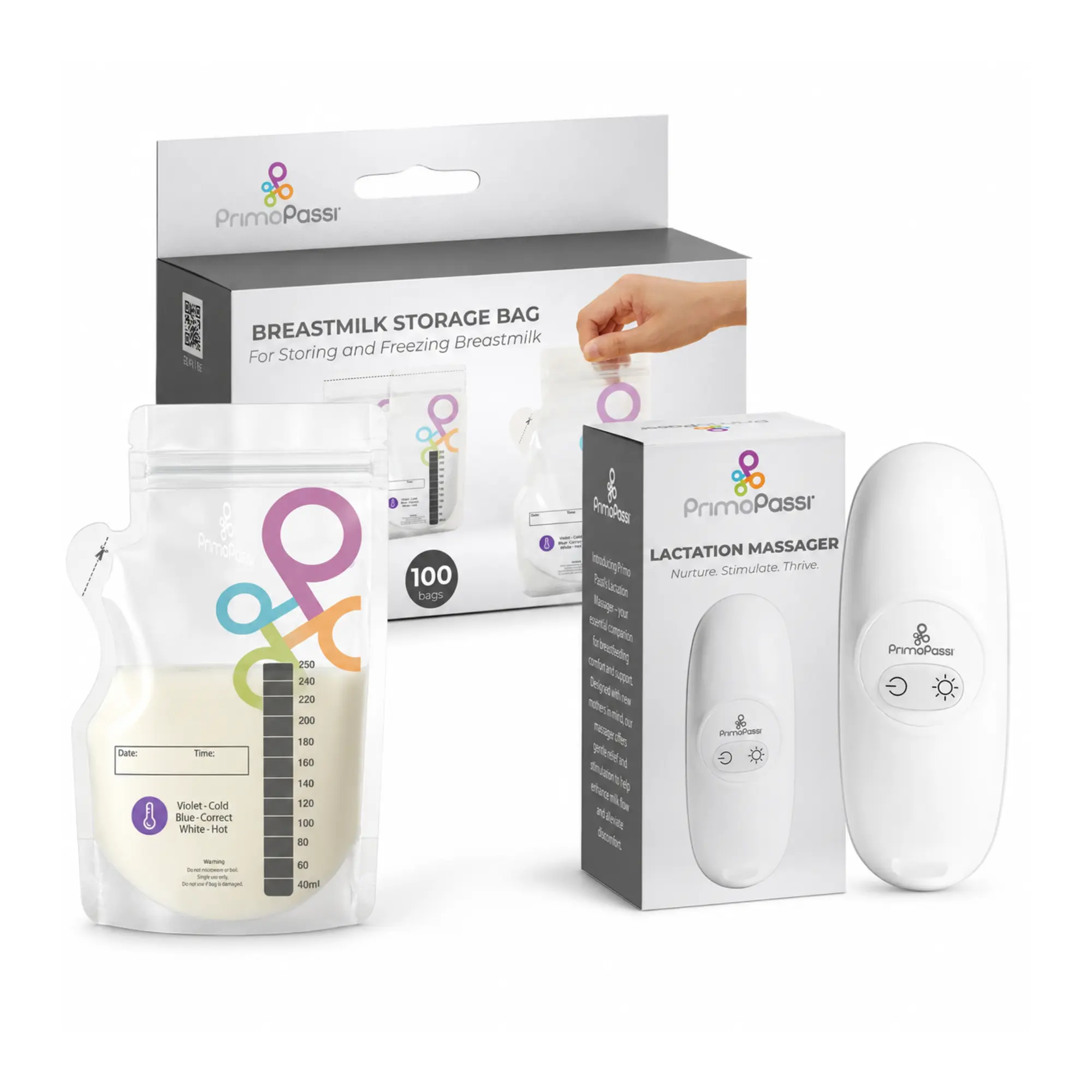 Primo Passi Lactation Massager + Temp-Sensing Breastmilk Storage Bag,8Oz,250Ml,100Pc