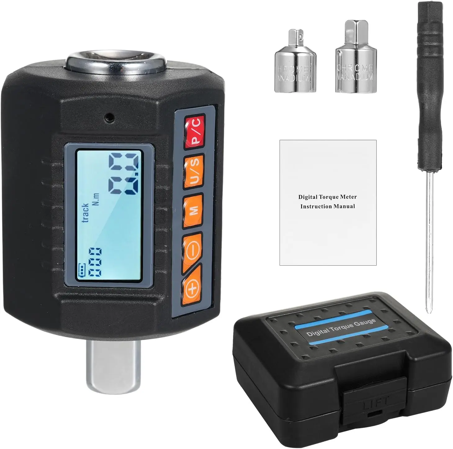 Digital Torque Screwdriver Wrench Adapter Tool, 1/2'' Drive Converter, 3/8'' & 1/4'' Adapters, Calibration Function, Alert Signals, 7.4-250.8 ft-lb/10-340 Nm Torque Range