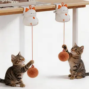 Automatic Cat Toy, Cute Cartoon Kitten Shaped Electric Hanging Cat Toy with Random Lifting Plush Ball, 10 Mins Auto‑Pause, One‑Key Control Type‑C Rechargeable Interactive Cat Toy for Indoor Cats