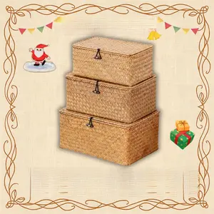 Handwoven Natural Seagrass Bin with Lid Set of 3 Rectangular Household Storage Boxes for Home Organization Boho Decor Gift