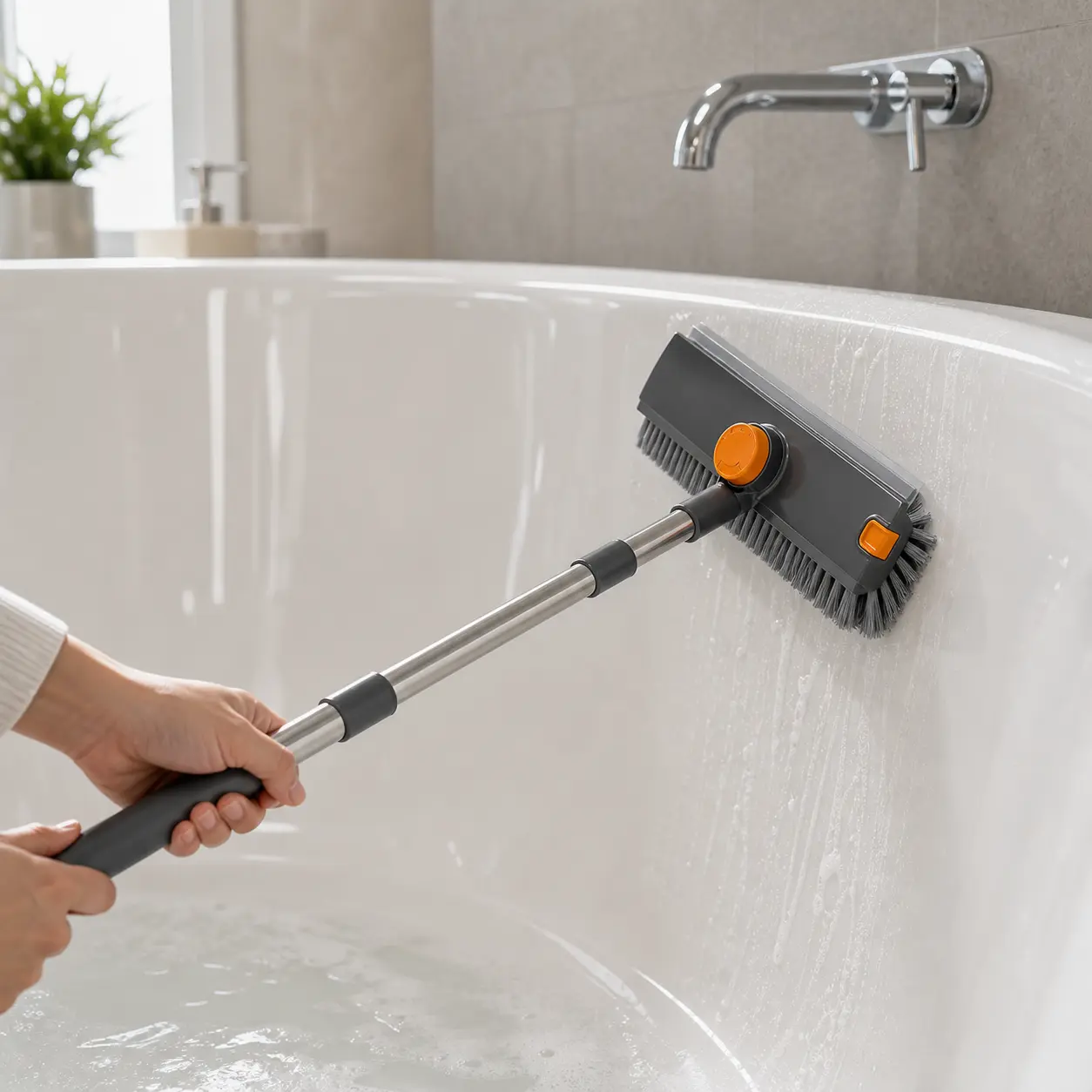 Foldable Adjustable Long Handle Floor Scrub Brush, 3-in-1 Heavy Duty Shower Scrubber with Rubber Squeegee, Stiff Bristles, Hair Remover Clip, 360° Rotating Head for Bathroom, Kitchen, Garage Wet Dry Use