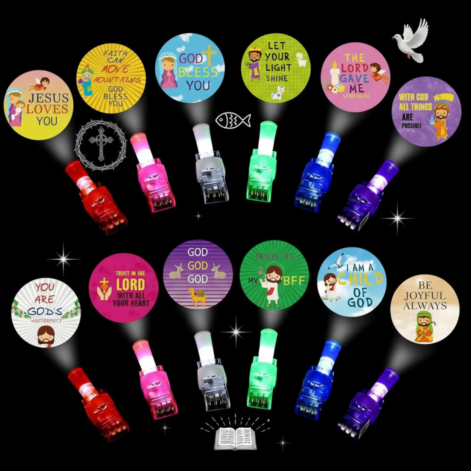Finger Lights 24/60 Pcs Led Finger Lights Jesus Bible Theme Finger Projection Jesus Loves You Finer Projector Back to School Classroom Gift Summer School Camp Gift for Christian Student Parents Teachers Birthday party Favors VBS Sunday School Church