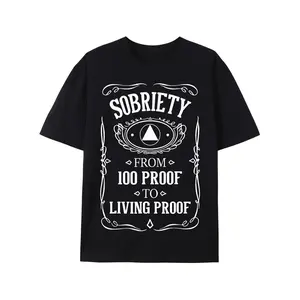 Anniversary T-Shirt for Sobriety - Black with White Graphic Design, Featuring 100% Proof to Living Proof Arrow And Laurel Motif, Comfortable Short Sleeve Casual Tee for Men'S Summer Attire, Sober Celebration Shirt, Striking Text Design