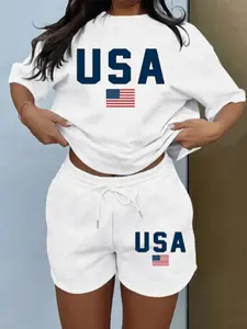 Women's Summer Short Sleeve Shorts Set, Letter & American Flag Print, Loose-Fitting Casual Wear, Perfect for Daily