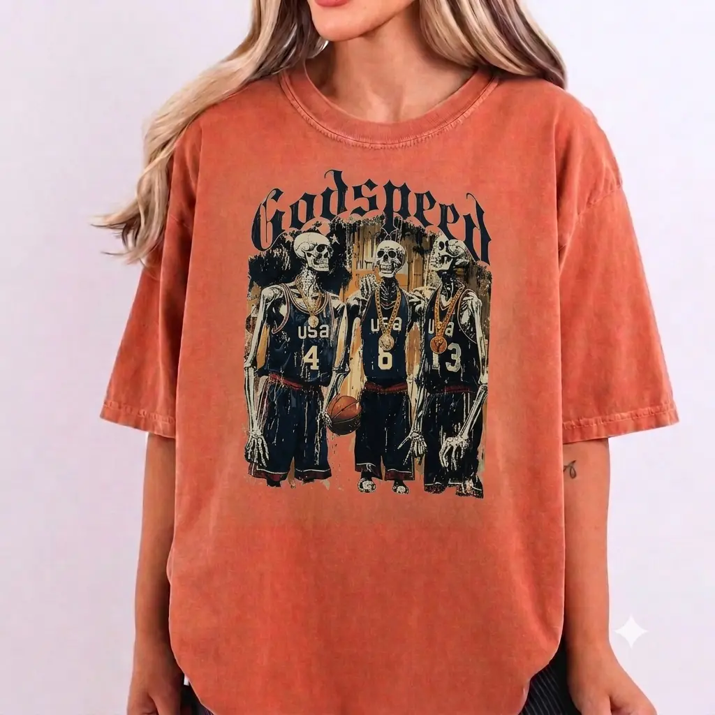 Godspeed Skeleton Basketball T-Shirt, Vintage USA Basketball Graphic Tee, Skull Sports Shirt, Gothic Streetwear Tee, Unisex Basketball Fan Gift