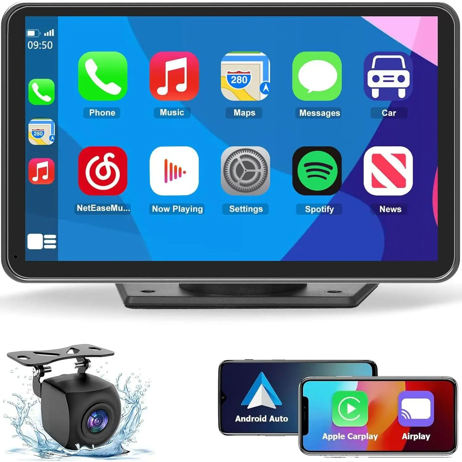 Wireless CarPlay Screen with Rear Camera for Car, 7" HD Portable Stereo Touchscreen with Apple CarPlay & Android Auto, CarPlay Screen with Backup Camera, Mirror Link, Bluetooth, Navigation for All Vehicle