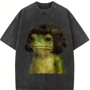 Frog With Bob Haircut Shirt, Funny Frog Meme Graphic Tee, Vintage Art Style Toad Tee, Sad Aesthetic Frog Shirt, Retro Animal Humor Tee, Gift for Men, Gift for Women, Crew Neck T-shirt, Trending T-shirt