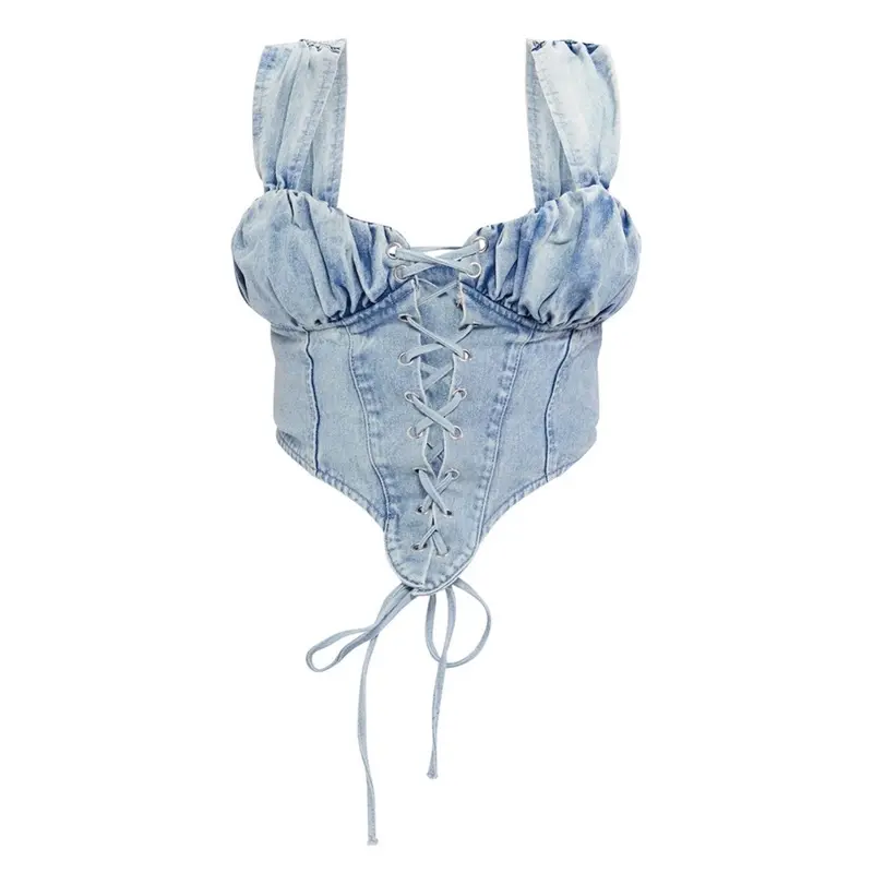 PLT PLUS VINTAGE BLEACH WASH RUCHED BUST DETAIL DENIM LACE UP CORSET US 20 UK 24  The PLT Plus Vintage Bleach Wash Ruched Bust Detail Denim Lace Up Corset is a stylish and trendy plus-size women's top from the brand Pretty Little Thing. This sleeveless co