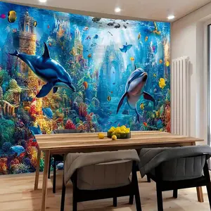 1pc 3D Effect Ocean World Dolphin & Tropical Fish Tapestry - Vibrant Blue Sea Scene with Dolphins, Coral Reefs, and Sunlight, Polyester Wall Hanging Fabric for Home Decor, Indoor Use, Indoor Wall Decor |   Vibrant Wall Art |   Durable Wall Fabric, Ocean D