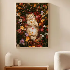 Cozy Autumn Cat Poster for Cat Lovers, Whimsical Fall Floral Wall Art with Sleeping Kitty, Cottagecore Animal Print for Bedroom or Living Room Decor