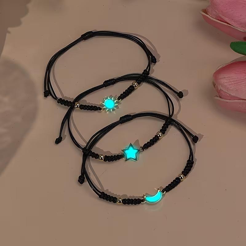 ​​3/6-Pack​​ Glow-in-the-Dark Celestial Bracelet - Adjustable Woven Sun Moon Star Jewelry | Luminous BFF Best Friend Soulmate Gifts for Boyfriend Girlfriend Couples Teens | Anniversary Valentine's Birthday Christmas Gift