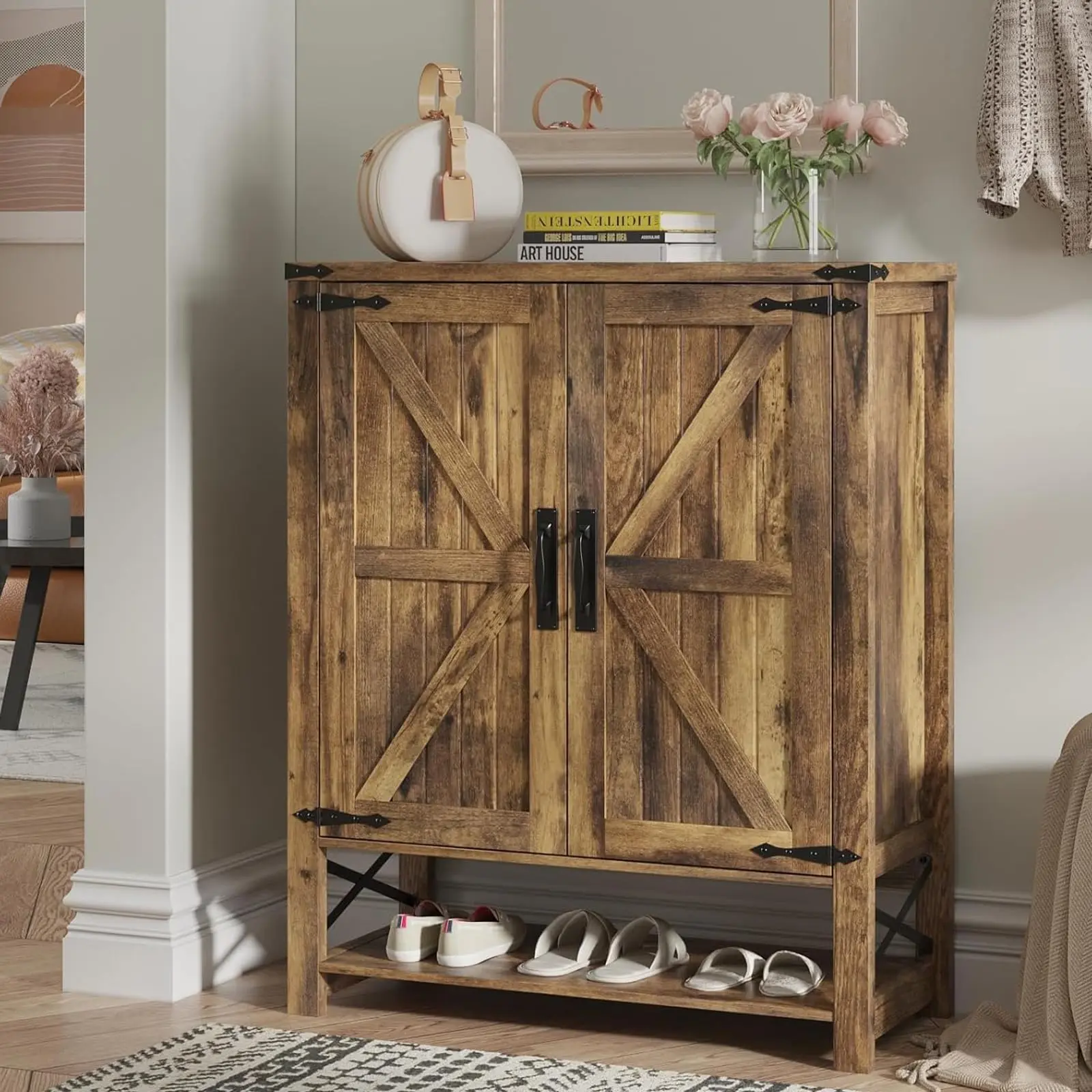 [Summergarden] Vabches Shoe Cabinet with Doors, 6-Tier Farmhouse Shoe Storage Cabinet with Adjustable Shelves, Shoe Shelf, Wooden Shoe Rack Organizer Cabinet for Entryway, Foyer, Hallway, Living Room, Brown