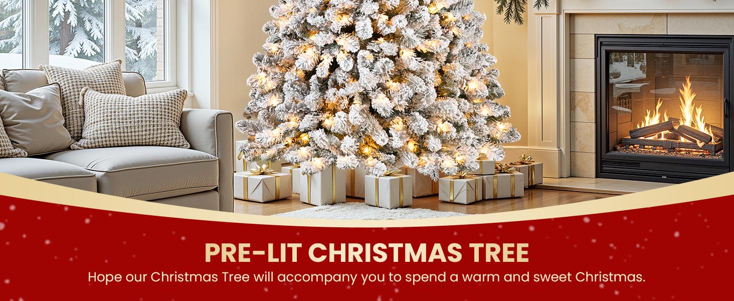 SHareconn 2025 4/5/6/7.5/9FT Pre-lit Warm Lights Snow Flocked Artificial Christmas Tree with Dense Branches, Deluxe Design, Ideal Holiday Decoration SHareconn 2025 4/5/6/7.5/9FT Pre-lit Warm Lights Snow Flocked Artificial Christmas Tree with Dense Branches, Deluxe Design, Ideal Holiday Decoration