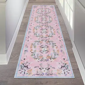 pink floral carpet, Boho floral rug, Runner rug, soft and comfortable floor mat, non-slip hallway rug, washable, Flower Pattern Rugs, suitable for kitchen, bathroom, bedroom, living room