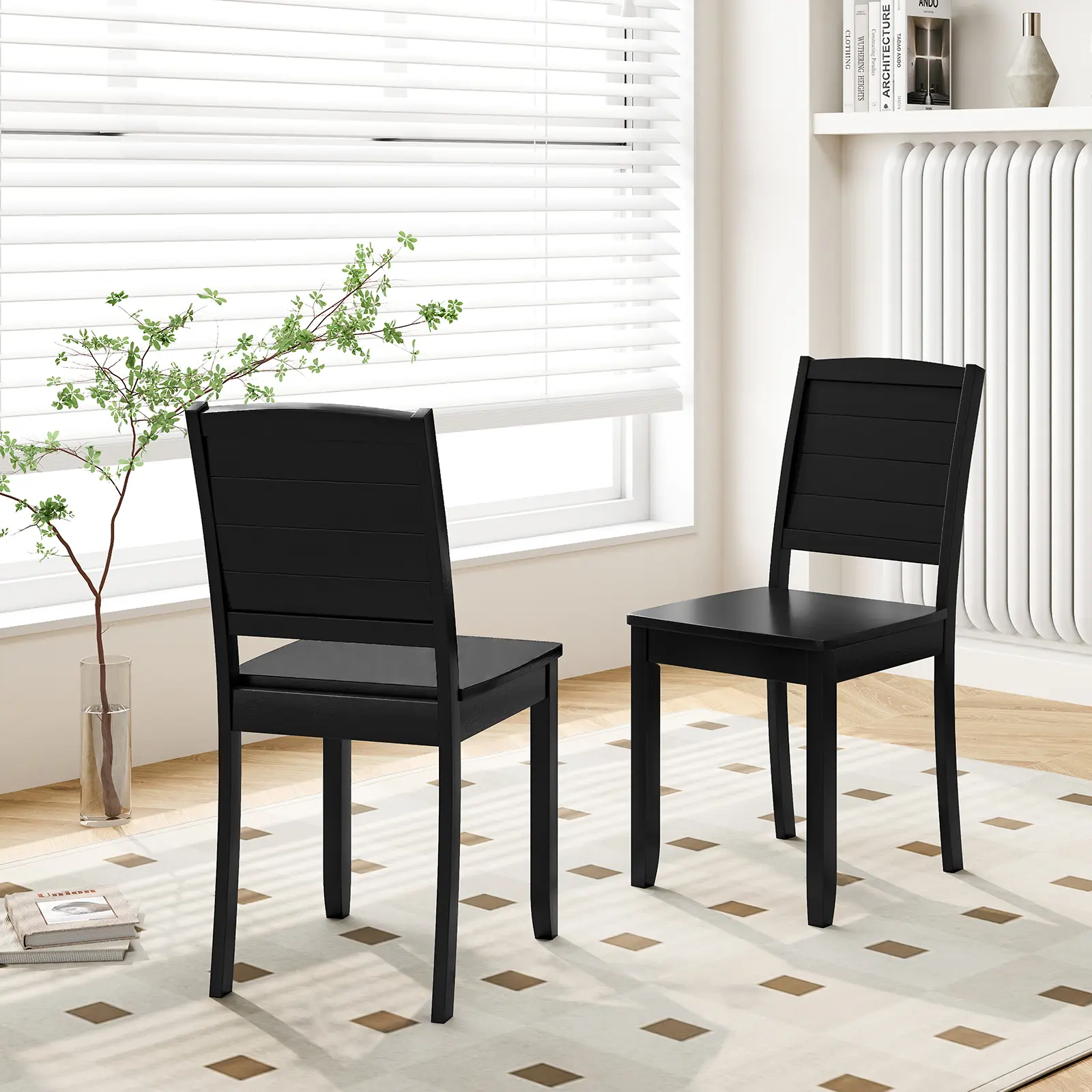 COSTWAY - Wood Dining Chair Set of 2 Armless Kitchen Chairs with Rubber Wood Legs-Black