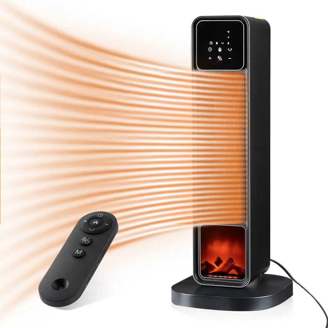 1500W 3D Flame PTC Electric Tower Fan-Heater Combo (600W & Above Power), Adjustable with 90° Oscillation, Child Lock, Eco Mode, 12h Timer, Remote Controlled for Home & Office Heating