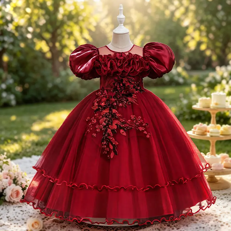 Girls Princess Formal Dress with Puff Sleeves, Floral Applique & Layered Tulle Skirt, Elegant Party Gown for Birthday Wedding Flower Girl Holiday