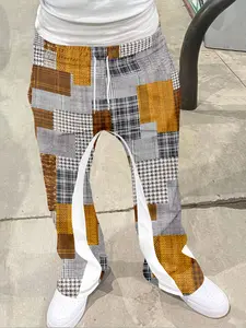 Men's Loose Fit 3D Autumn Plaid Patch Print Pants, Patchwork Casual Sporty Streetwear, Hip Hop Vintage Long Pants, Fitted Geometric Pattern, Stylish, Fashion, Aesthetic