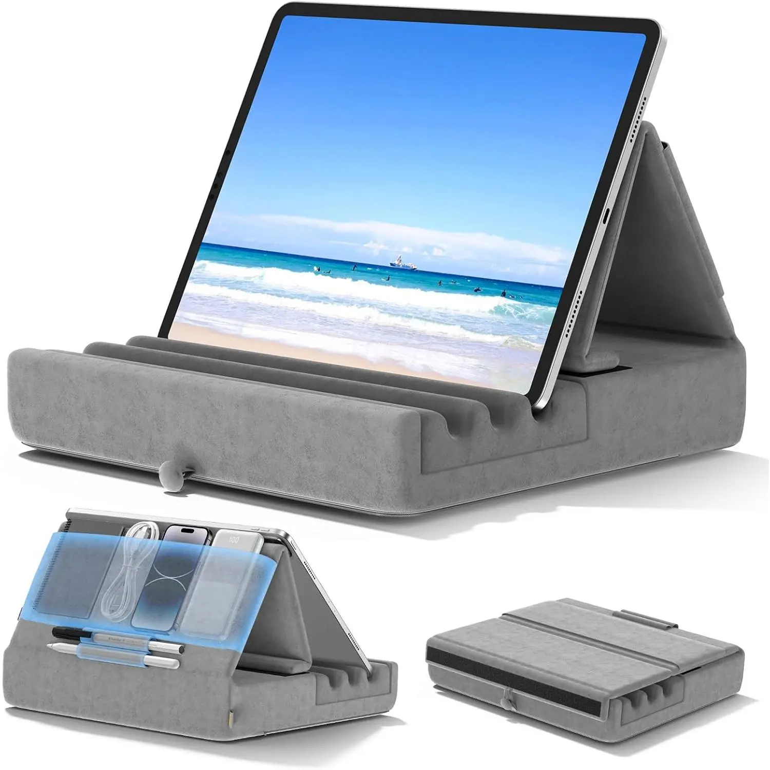 SQ-PCS014 Cloth Tablet Pillow Holder, Foldable Adjustable Tablet Stand Accessories with Pocket & Stylus Mount, Soft Pad Dock for Lap & Desk, Compatible with iPad Pro 12.9/10.5/9.7, Air, Mini 6/5/4/3, Galaxy Tab, E-Reader